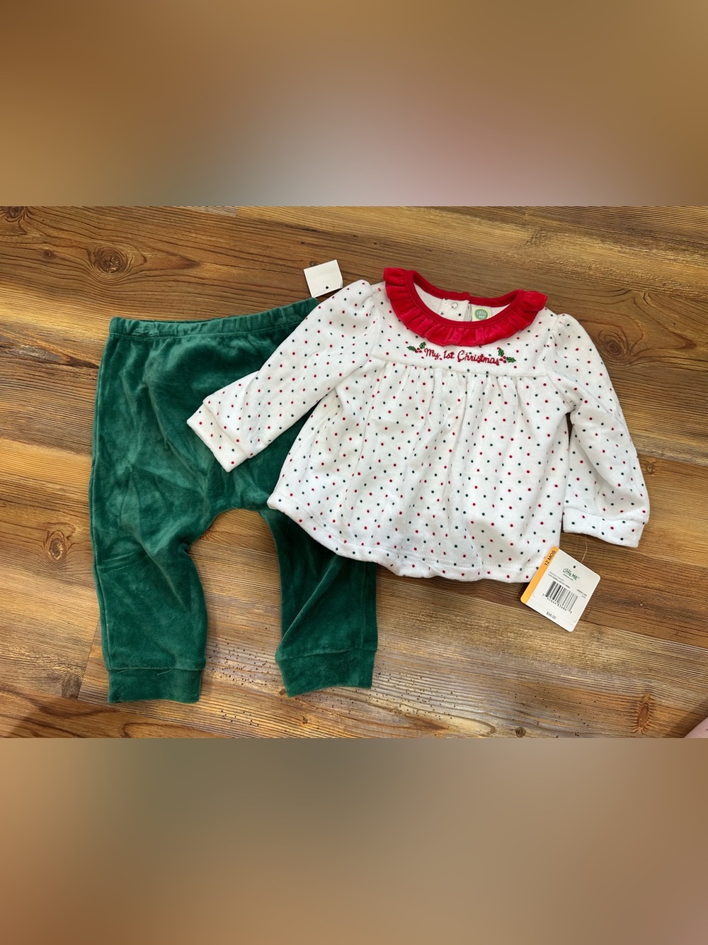 Little Me Red-Trim Polka Dot Top with Green Velvet Pants NWT 12M
